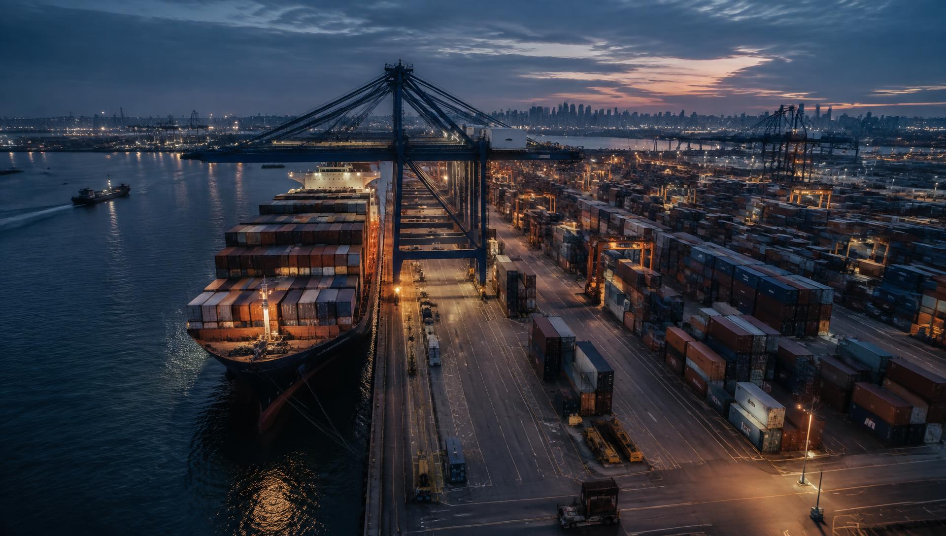 Container port at dusk with a cargo ship berthed beneath gantry cranes