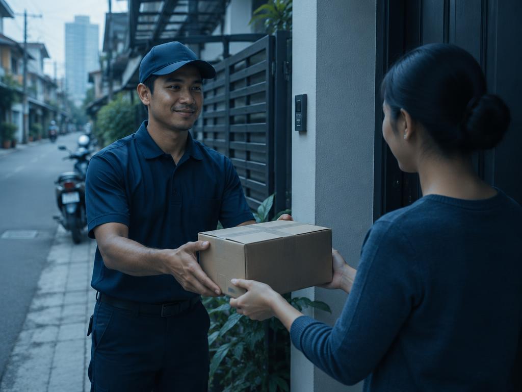 Courier handing a parcel to a customer at her front door